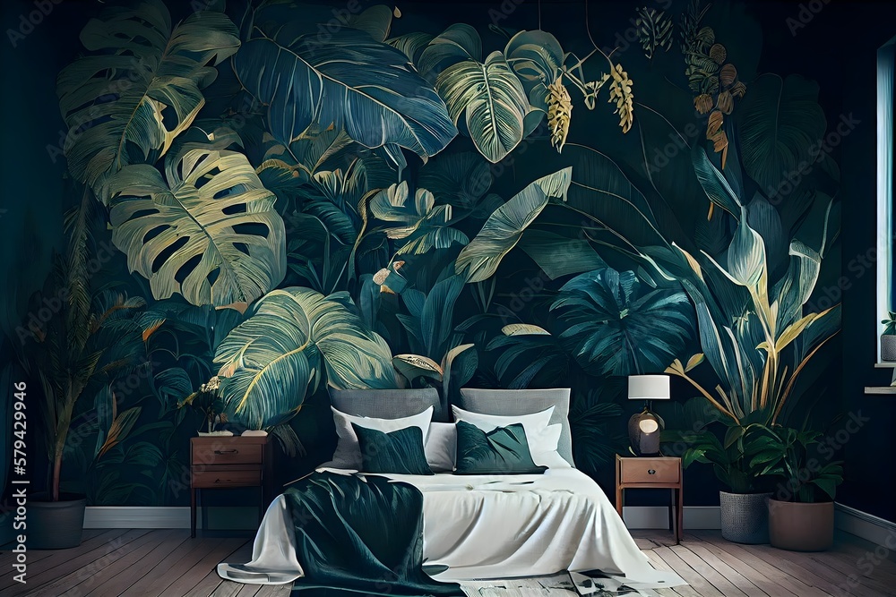 Tropical leaves wallpaper for Hotel living room, Classic tropical plant ...