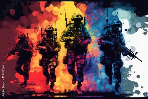 A pop of color in military attire with multiple colors - Generative AI