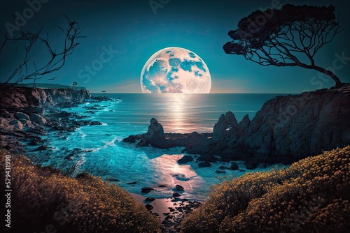 Admirable vista of the ocean. Full moon over a colorful blue sky at night above a coastline. The twilight outside, surrounded by peaceful nature. Photo of the moon I took with my own camera