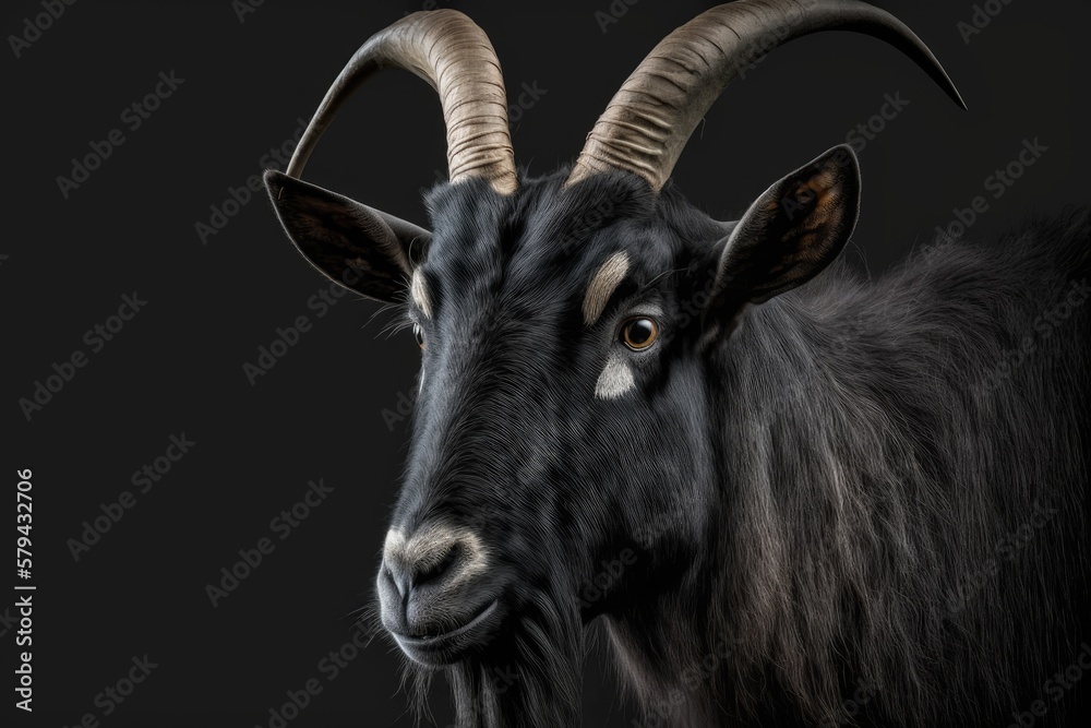 Curved horned black goat with a black background. Generative AI