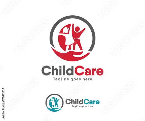 Child care logo design. Kid with Hand Symbol vector template