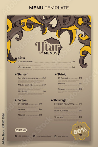Iftar menu template for ramadan kareem iftar menu with hand drawn grass background design