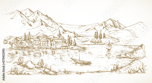 Hand Drawn Lake Landscape Vector Illustration. Mountain and lake View with Manor Buildings and yachts Sketch. Hand Drawn lakeview Doodle Isolated
