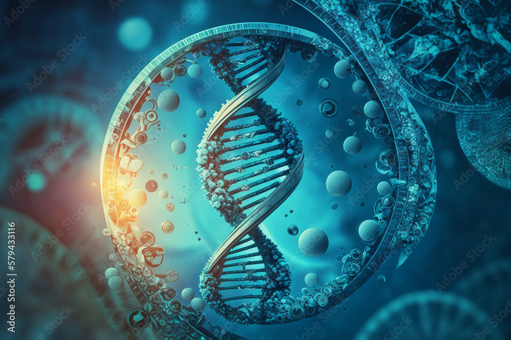 Concept of human DNA details view under the microscope. Blue helix background close-up macro detail of chromosomes helix. Ai generated Concept of human DNA details view under the microscope. Blue helix background close-up macro detail of chromosomes helix. Ai generated