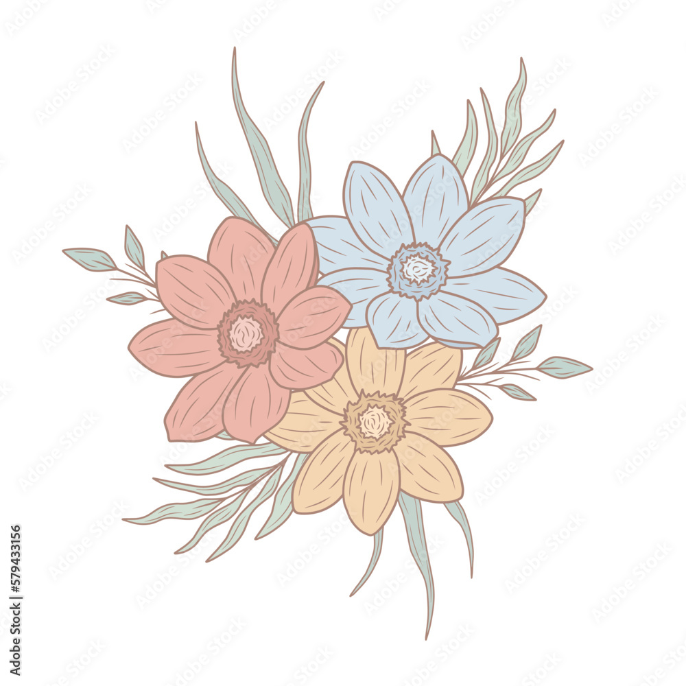 Colorful, pastel spring flower bouquet, vector art