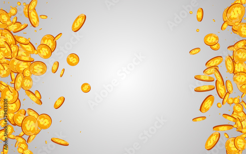 Fly Gold Currency Vector Gray Background. Metal