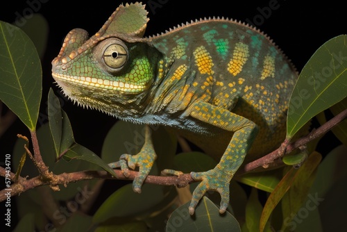 Nighttime sighting of a lance nosed chameleon (Calumma gallus) in Madagascar's Andasibe Mantadia National Park. Generative AI