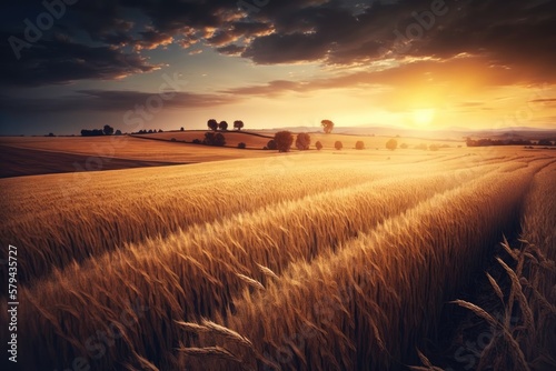 Sunset over a field of golden, ripe wheat. Incredibly beautiful scene with dramatic lighting. what a stunning vista. Business related to agriculture. Ukraine's rural countryside in Europe. Lovely pict