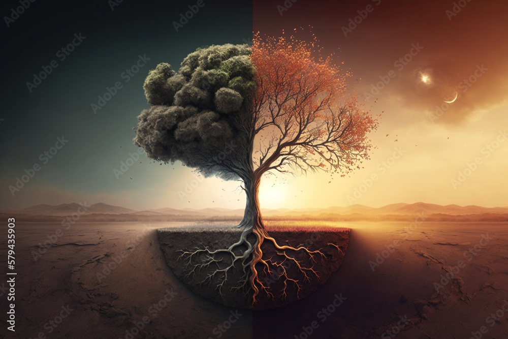 Global Warming concept with tree half living and the other half