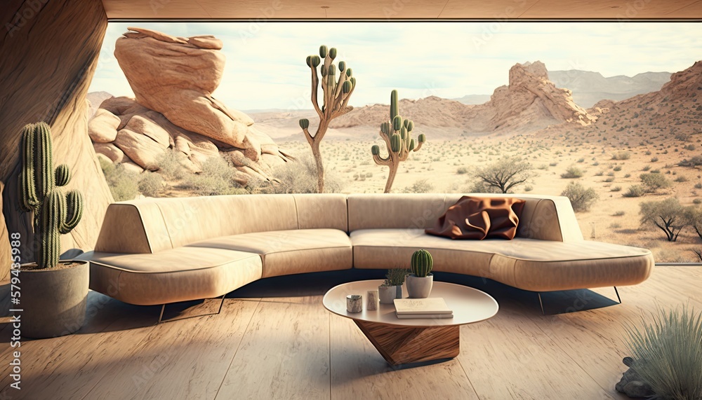 A midcentury modern living room with a sectional sofa and a unique