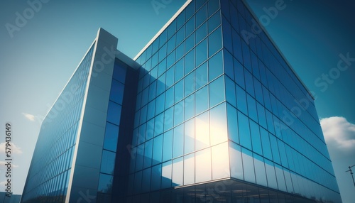 A sleek and modern office building with a glass façade reflecting the bright blue sky. The scene is bathed in bright, natural light, creating an open and airy atmosphere. generative ai