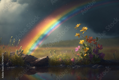 rainbow over the spring river generative ai