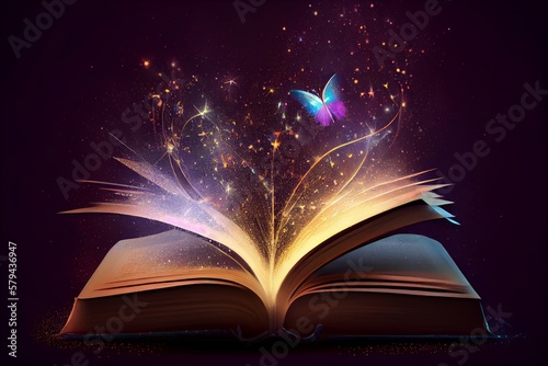 Open book with magic flying butterflies and firework. Generative AI