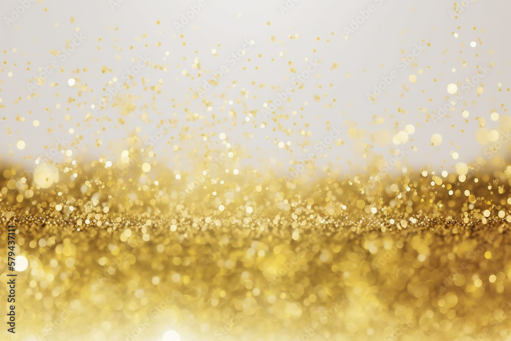 Shimmering Gold. A Festive Background of Golden Sparkles and Bokeh on a white background. Ai generated