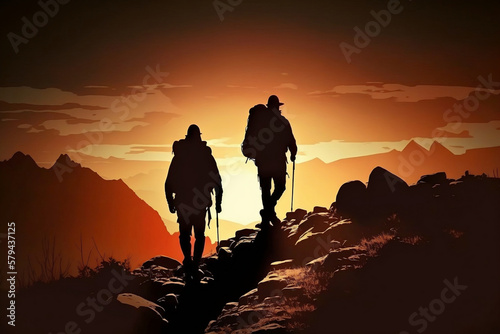Two people hiking at sunset generative ai