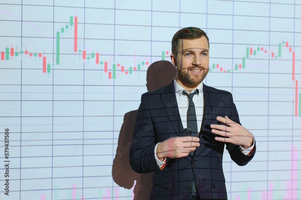 Stock Market Trader Working Investment Charts, Graphs, Ticker, Diagrams Projected on His Face. Financial Analyst and Digital Businessman Selling Shorts and Buying Longs Stock Market Trader Working Investment Charts, Graphs, Ticker, Diagrams Projected on His Face. Financial Analyst and Digital Businessman Selling Shorts and Buying Longs