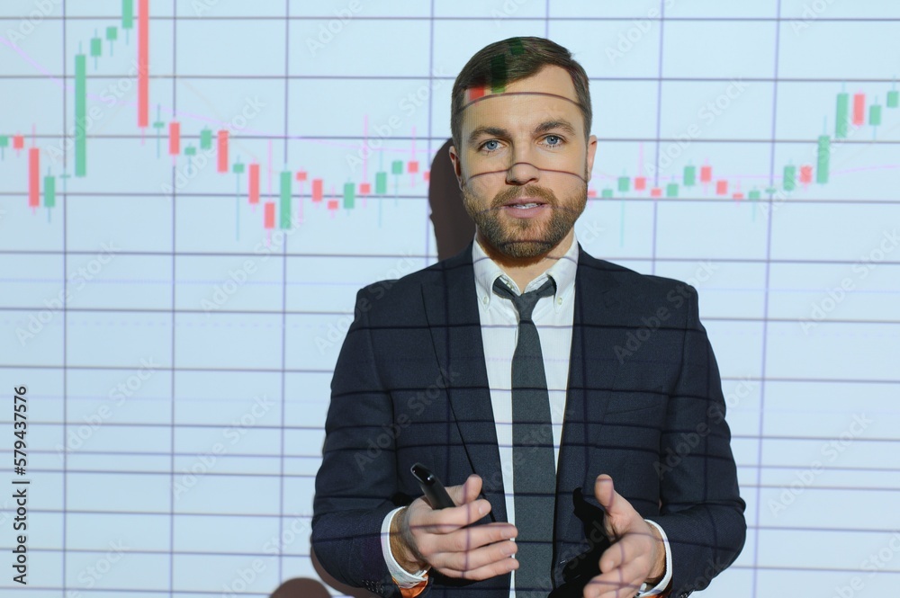 Stock Market Trader Working Investment Charts, Graphs, Ticker, Diagrams Projected on His Face. Financial Analyst and Digital Businessman Selling Shorts and Buying Longs Stock Market Trader Working Investment Charts, Graphs, Ticker, Diagrams Projected on His Face. Financial Analyst and Digital Businessman Selling Shorts and Buying Longs