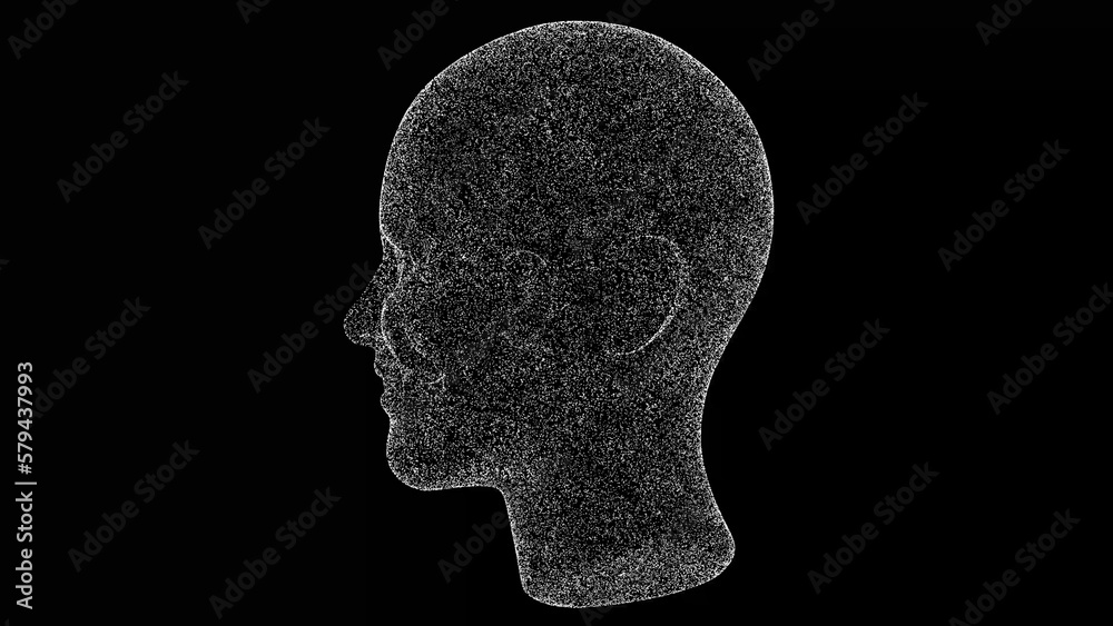 3D Human head on black bg. Object dissolved white flickering particles. Business advertising backdrop. Science concept. For title, text, presentation. 3D animation