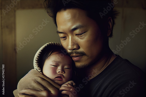 Father holding newborn child, Generative AI