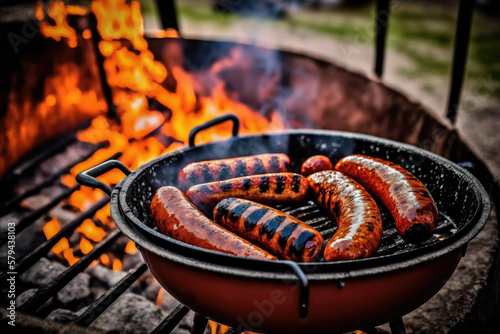 Bbq grilled sausages barbeque outdoors. Created with Generative AI technology.