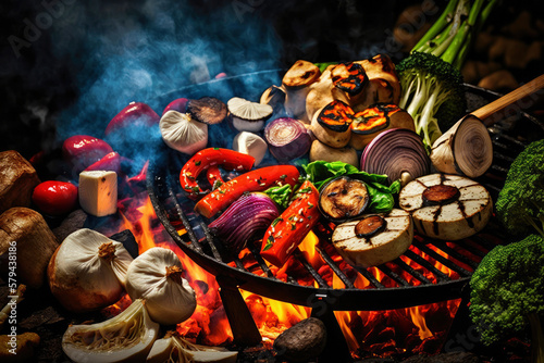 Bbq grilled vegetables and mushrooms outdoors. Created with Generative AI technology.