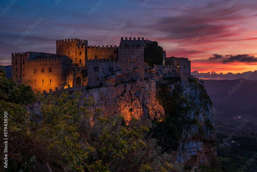 Panoramic view of Caccamo castle at dusk, province of Palermo IT