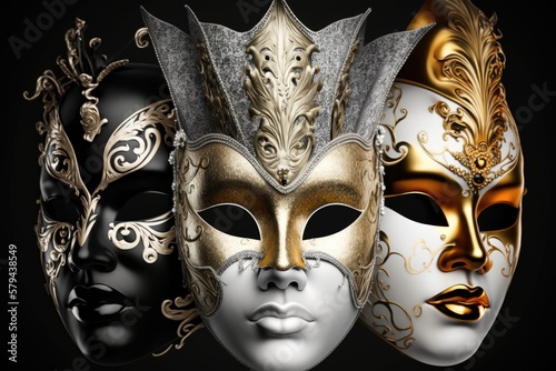 The masks of the Venetians are black, gold, and white against a background of glittering black and silver. Design banner for New Year's, Christmas, Purim, and Fat Tuesday parties. Ball in Masquerade A