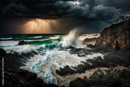 Breaking waves from the Pacific Ocean over a rocky headland shoreline in Coolum, Sunshine Coast, Queensland, as the sun breaks through the clouds of an ominous storm. Generative AI