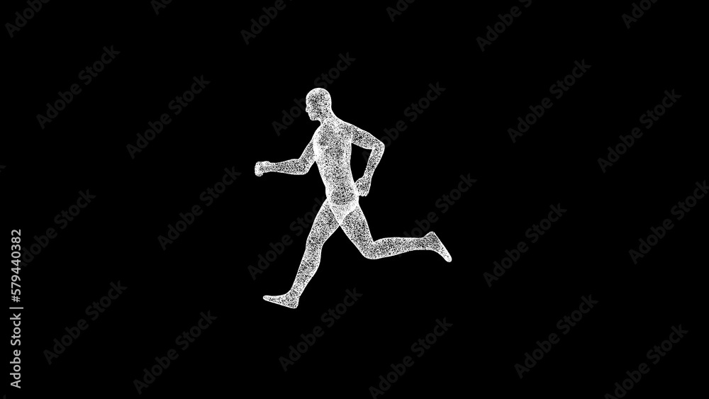 3D running man on black bg. Object dissolved white flickering particles. Business advertising backdrop. Science concept. For title, text, presentation. 3D animation