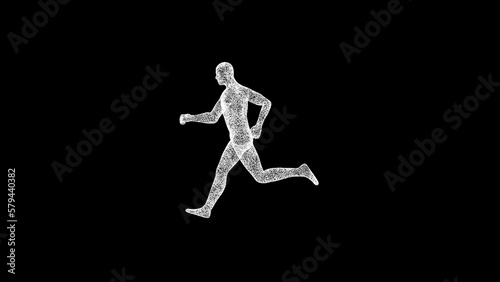 3D running man on black bg. Object dissolved white flickering particles. Business advertising backdrop. Science concept. For title, text, presentation. 3D animation