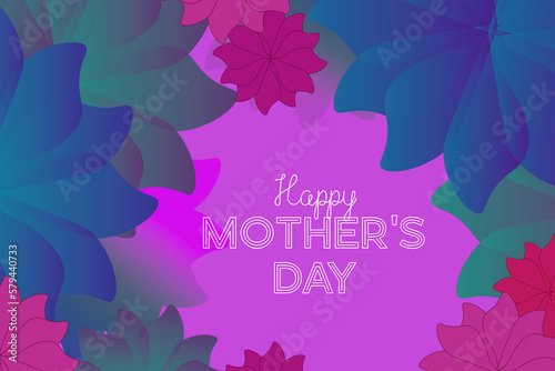 Happy Mothers day graphic with flower illustration in blue and purple for holiday celebration.