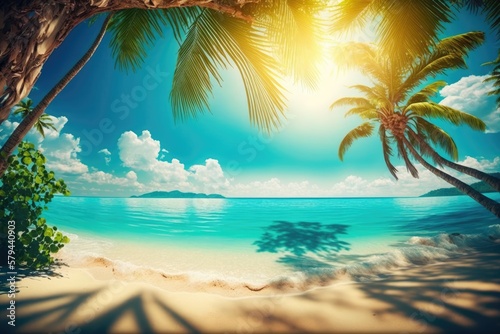 Paradise Beach in the sun  with palm trees and azure water. Concept of summertime fun and relaxation on a tropical beach. Generative AI