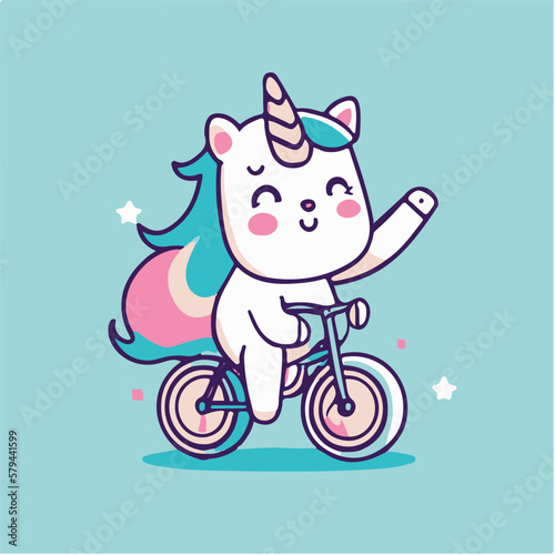 vector cute unicorn riding bicycle and waving hand cartoon vector icon illustration 