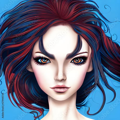 animated woman with narrow eyes and red-blue hair on a blue background. Generative AI