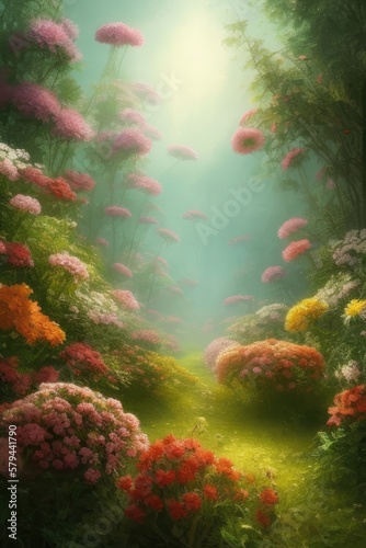 A blooming garden. Flowers. Fabulous landscape. Illustration. Generative AI