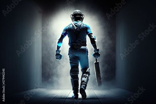 A cricket player posing in the studio with smoke and wearing a blue cricket jersey. sports player. Generative AI 