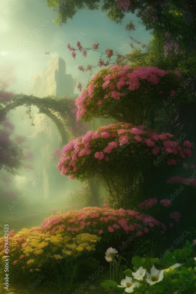 Fototapeta premium A blooming garden. Flowers. Fabulous landscape. Illustration. Generative AI