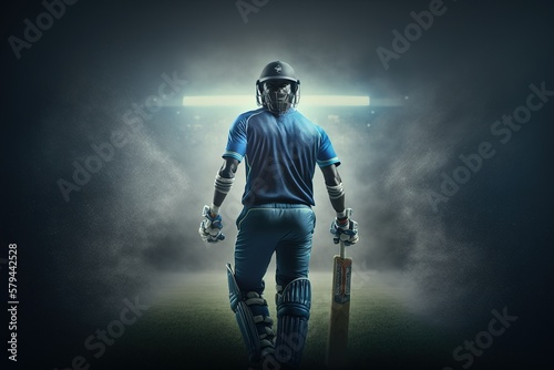A cricket player walking on the ground in a blue jersey. Cricket. sports player. Generative AI 