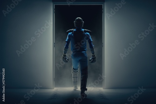 A cricket player walking on the ground in a blue jersey. Cricket. sports player. Generative AI 