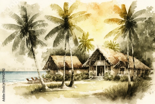 Cabaas or bungalows on the beach, surrounded by coco palm trees. The scene is set on a sandy beach and features large palm trees and a bungalow. Stunning scenery reminiscent. Generative Ai photo