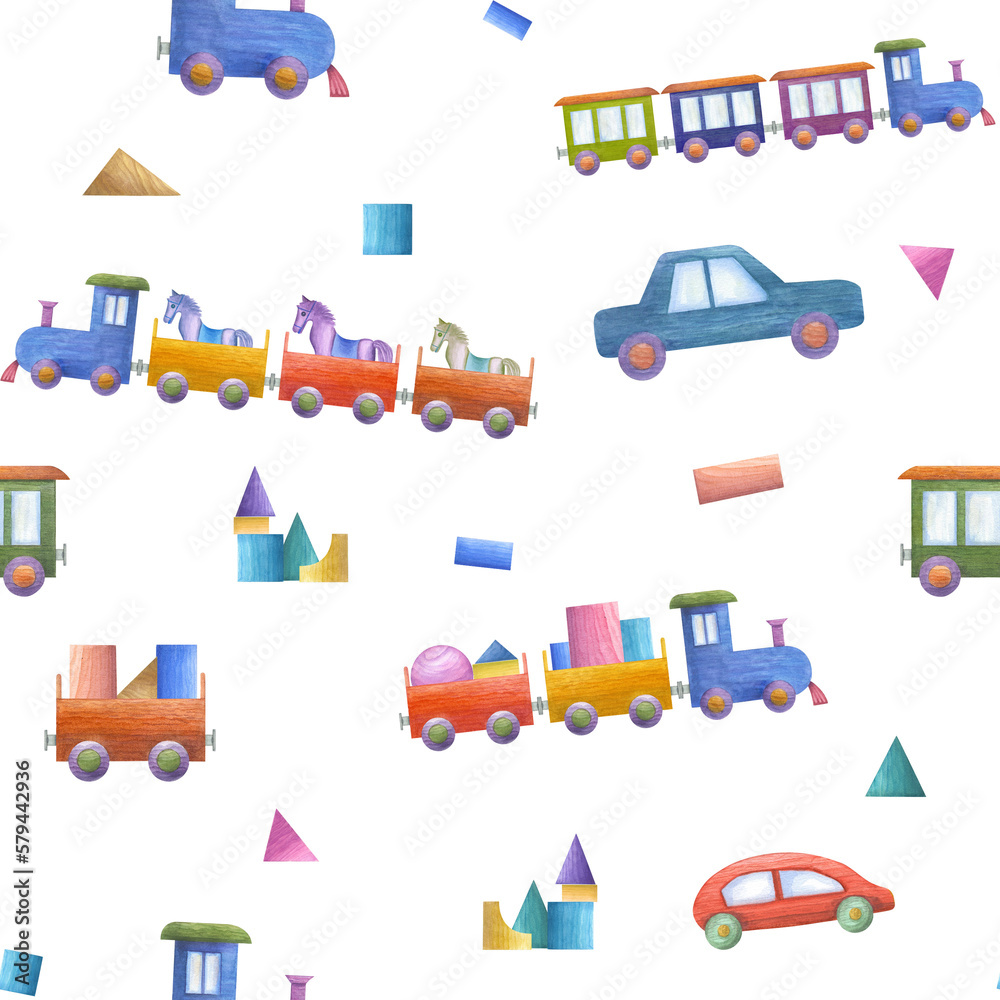 Watercolor seamless pattern of kid wooden toys - cars, trains - isolated on white background. Hand painted illustration for children print, poster, decor, wallpaper, wrapping, fabric, textile.