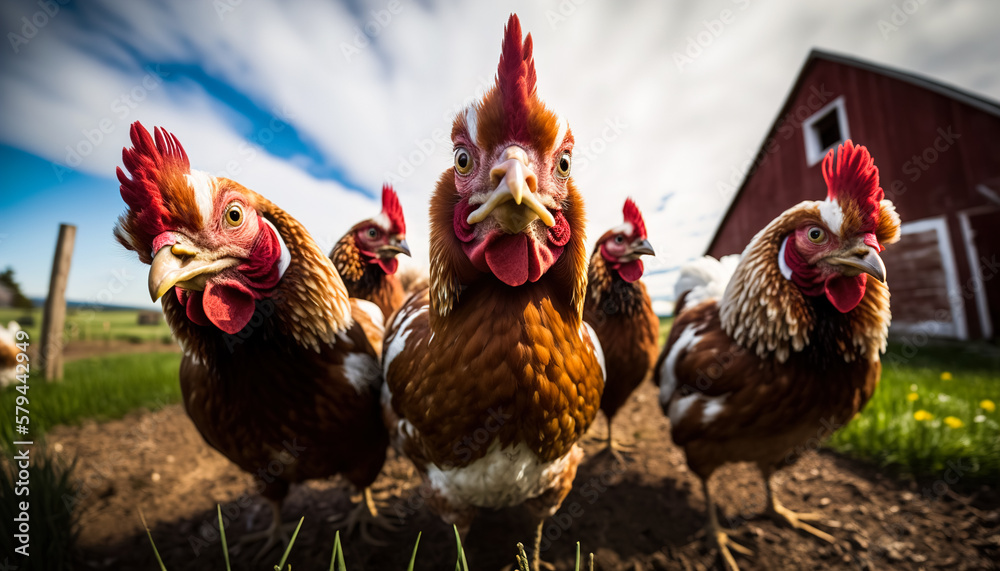 A flock of curious chickens peek into the camera, close-up shot. Generative ai - obrazy, fototapety, plakaty 