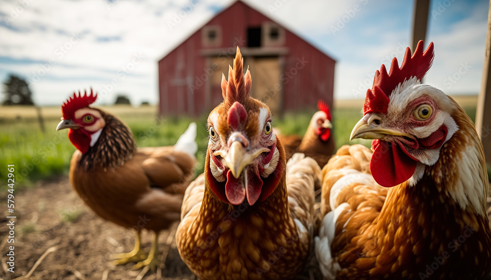 A flock of curious chickens peek into the camera, close-up shot. Generative ai