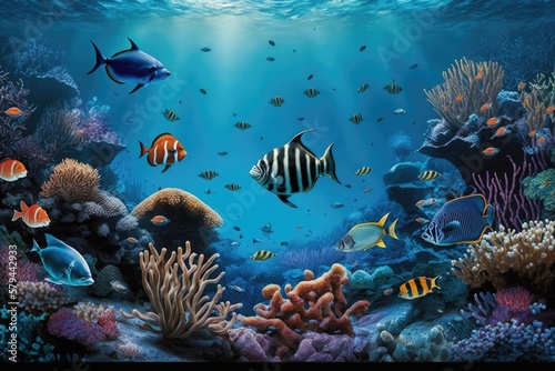 16 9 widescreen background of a coral reef in the ocean  teeming with tropical fish and other sea life. Generative AI