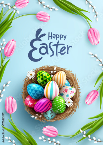 Easter poster and banner template with Easter eggs in the nest on light green background.Greetings and presents for Easter Day in flat lay styling.Promotion and shopping template for Easter