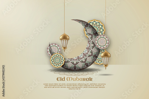 Islamic background paper art with a crescent and the words eid mubarak on it.