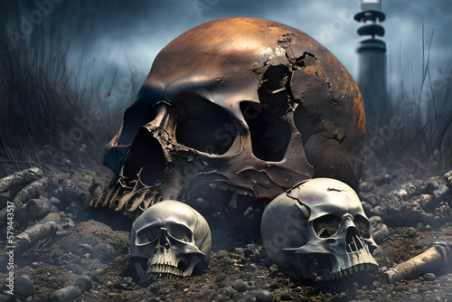 Human skulls on the ground, scary creepy post apocalyptic scene. Abstract background, grunge horror concept.