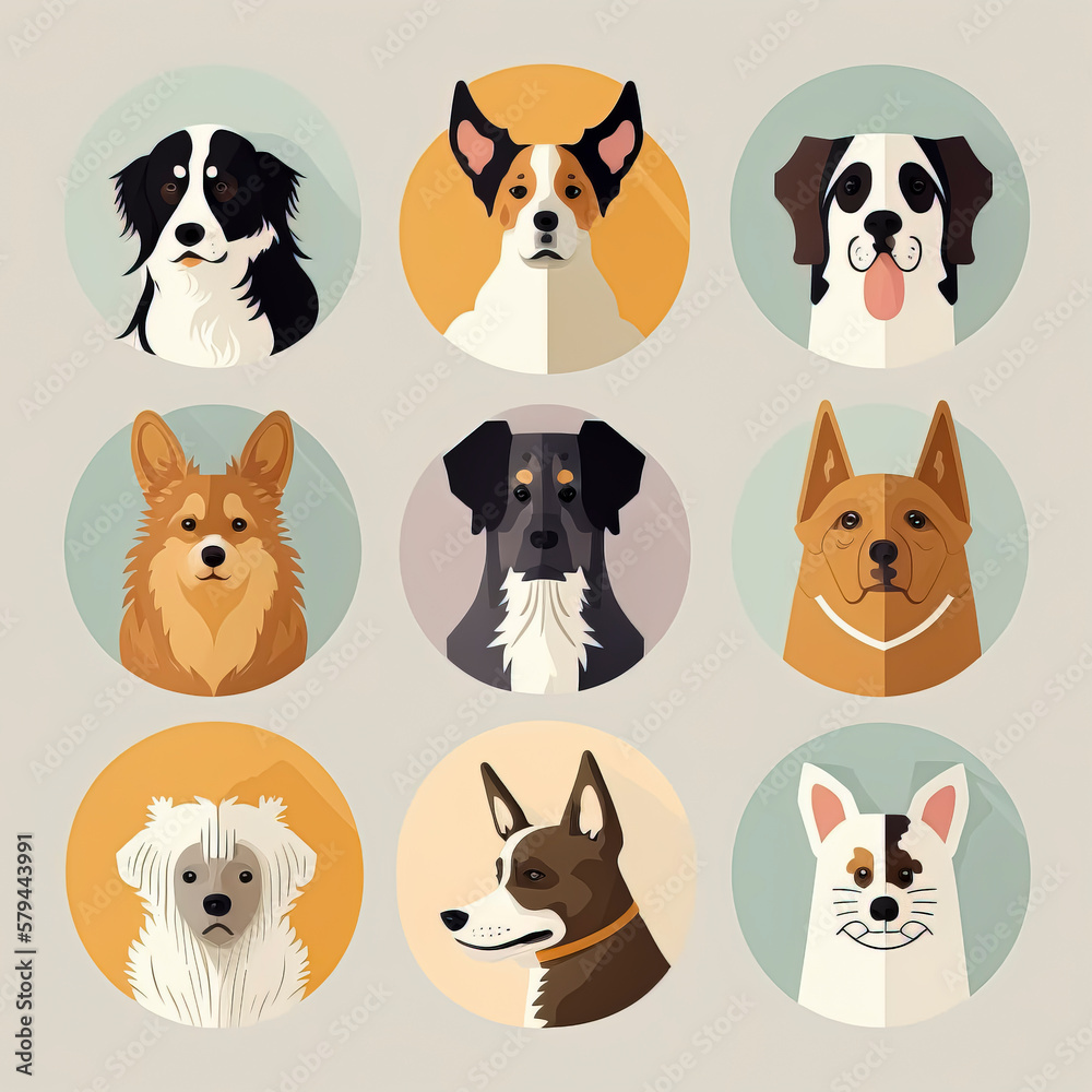 Dog Avatar Illustration: A Collection of Lovable Canine Profile Icons for Various Purposes created with Generative AI technology