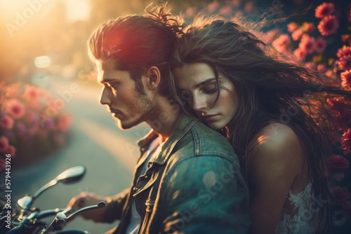 Vászonkép Girl in love and her boyfriend man are sitting on a motorcycle flirting, hugging
