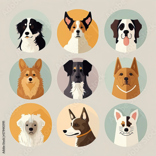 Dog Avatar Illustration: A Collection of Lovable Canine Profile Icons for Various Purposes created with Generative AI technology